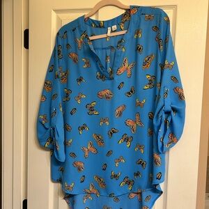 Cato Blue Brown Boxy Blouse with Mandarin Collar